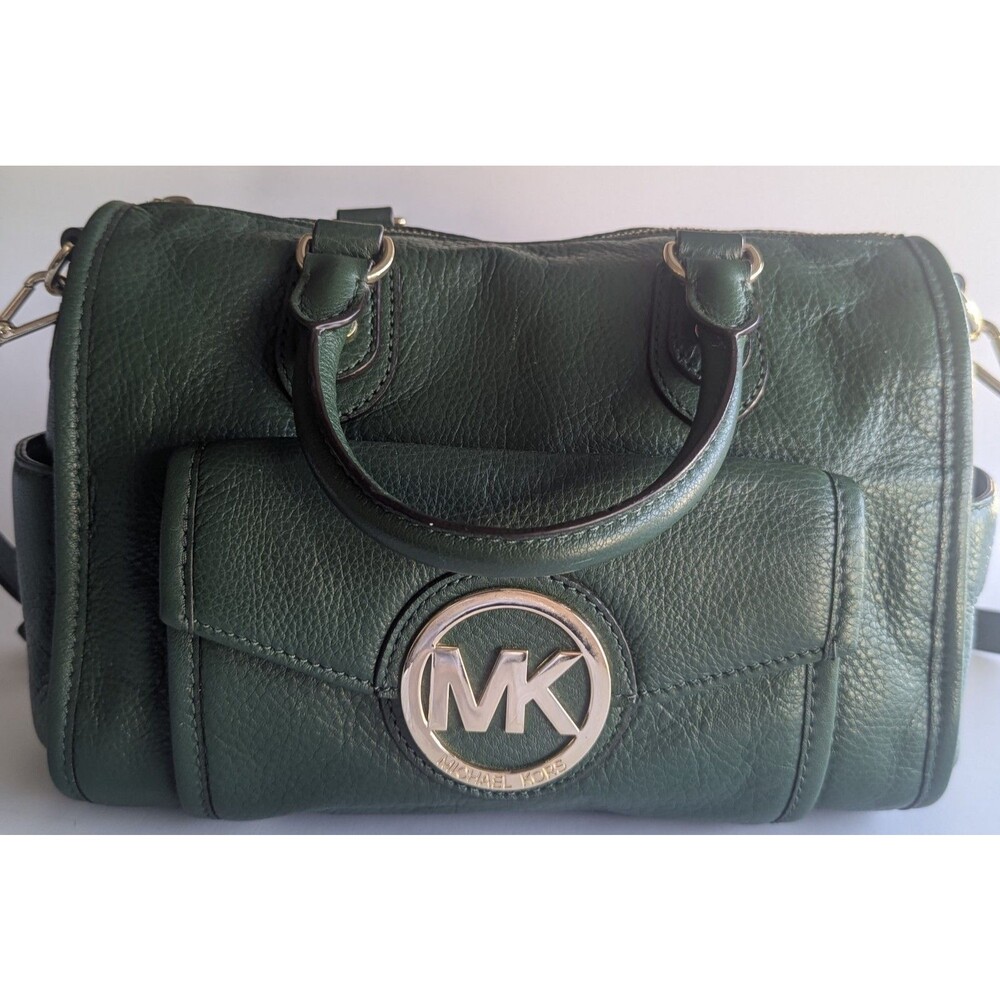 Michael Kors Green Pebbled Leather Satchel Handbag Gold MK Logo